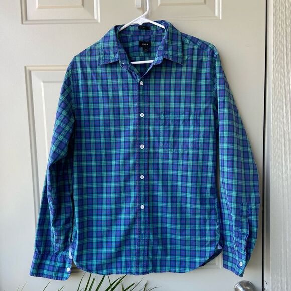 J.Crew Dress Shirt Slim Fit Green Blue Plaid Size Medium Adult Mens - Picture 1 of 4